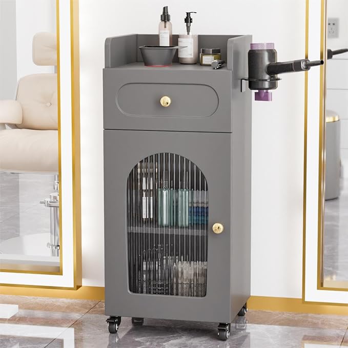 Salon Cart with Wheels & Adjustable Shelf, 3-Tier Rolling Beauty Trolley for Hair Stylist, Barber, Esthetician, Storage Cabinet w/Glass Door & Hair Dryer Holder, Mobile Station for Spa, Tattoo (Gray)