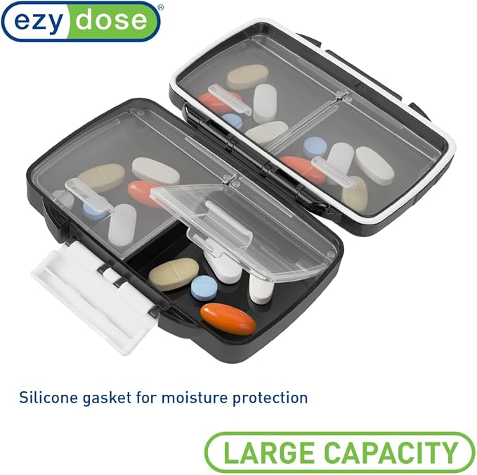 Ezy Dose Moisture-Proof Travel Pill Case, 4 Compartments, Black, Small | Moisture-Proof Pill Case, Medicine Planner, Vitamin Organizer Box, Travel-Friendly, Latch-Closure to Secure Contents