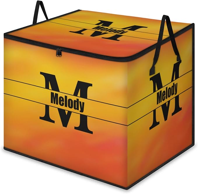 Custom Name Comforter Storage Bin with Lid, Personalized Initial Letter XL Storage Basket with Handles Zippers for Organizing Blankets, Bedding Closet Shelf Baskets, Gradient Yellow Orange