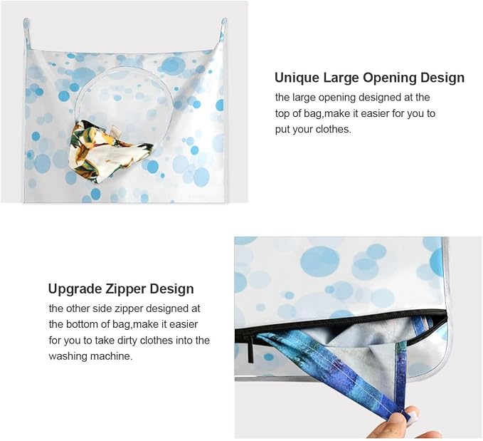 2PCS Hanging Laundry Hamper Bag Over the Door Laundry Hamper Wall Hamper Large Dirty Clothes Hamper with Stainless Steel Hooks 29.5x20Inch Blue Bubble Circle
