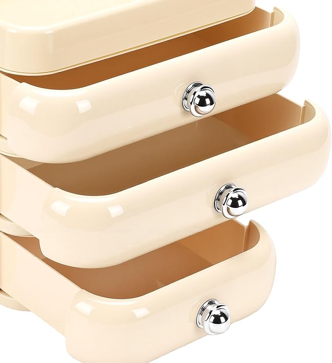 Yosoo Desktop Makeup Organizer with 3 Drawers Top Tray Dust Guard for Cosmetic Brushes Lipstick Skincare Storage (White)