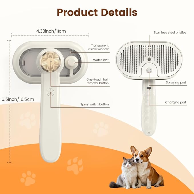 Glendan Pet Steam Brush for Shedding - 3-in-1 Spray Grooming Comb for Dogs & Cats - Self-Cleaning Mist Brush Softens Fur & Reduces Static - Ideal for Long Short Hair and Bath-Hating Pets