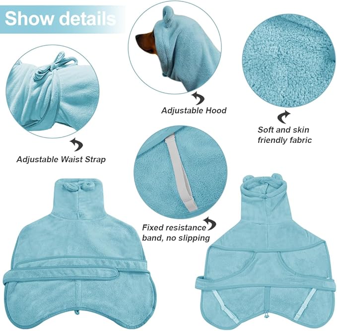 Medium to Large Size Dog Bathrobe, Quick Drying Super Absorbent Microfiber, Warm Dog Towels, Adjustable Hoodies and Belts for Dog Bath Products (Blue, 2XL-Fit for 18 to 28 Pounds)