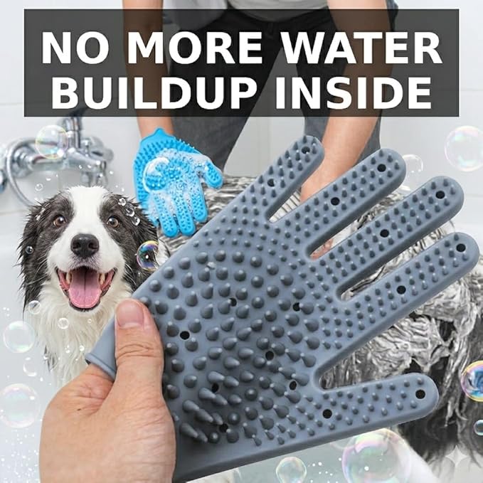 Dog Bathing & Grooming Gloves with Water-Drain Design – Silicone Pet Grooming Brush for Dogs & Cats, Massage Bristles, Reduces Water Buildup, Easy Rinse, Shedding Control (Grey)