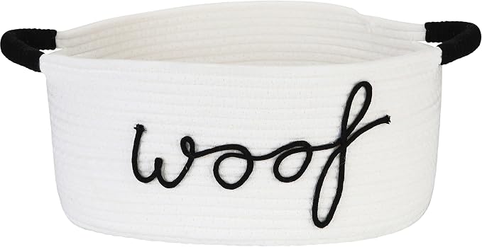 Sea Team Dog Toy Storage Basket with Handles, White Woof | Large Cotton Rope Storage Bin, Shelf Basket, Organizer for Pet Chew Toys, Foods, 16.5 x 11 x 7 Inches, 4.4 Gallons