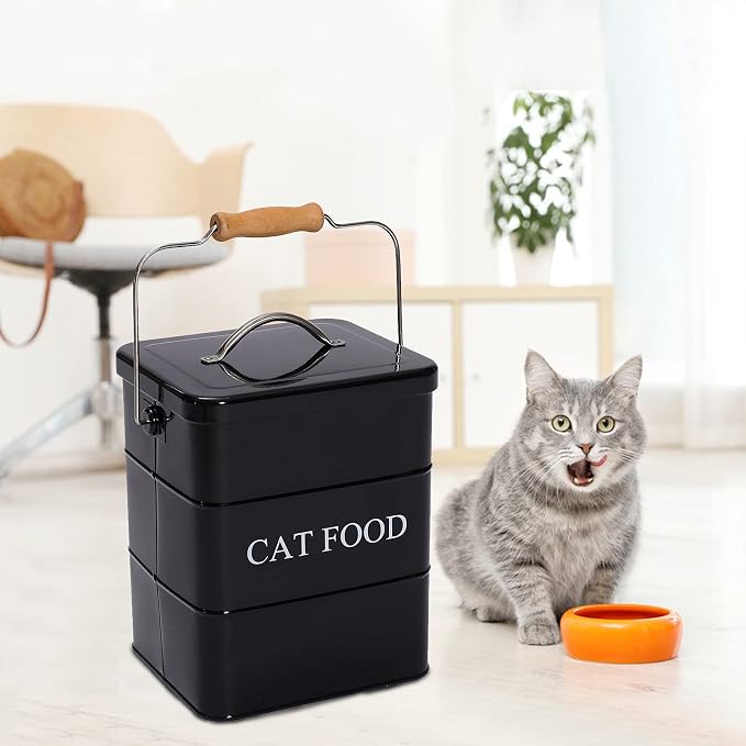 Cat Food Treat Storage Container with lid scoop included - Perfect Farmhouse Cat Food Bin for Kitchen Countertop, Shelf, Decoration Home - Cat Food - Black