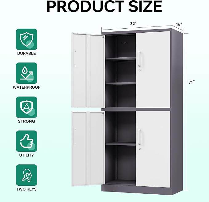 Metal Storage Cabinet with Lock Door, Adjustable Shelf Steel Cabinets for Office, Home,Pantry,Kitchen,Garage Utility Cabinet (4 Door-White&Gray)