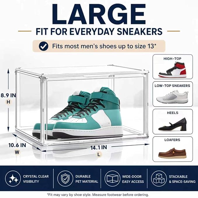 9 Pack Clear Acrylic Shoe Sneaker Boxes Fits Size 13, Wide Magnetic Door | Stackable shoe showcase for sneakers, high tops, large shoes, shoe collection display storage. Exterior 14.1 x 10.6 x 8.9 in