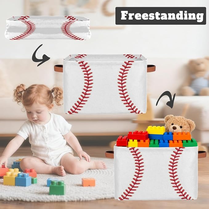 Pardick Storage Baskets Bin, White Baseball Collapsible Canvas Fabric Storage Bin Decorative Baskets Toy Organizer Rectangle Storage Boxes with handles for Home Shelves Nursery,A-2