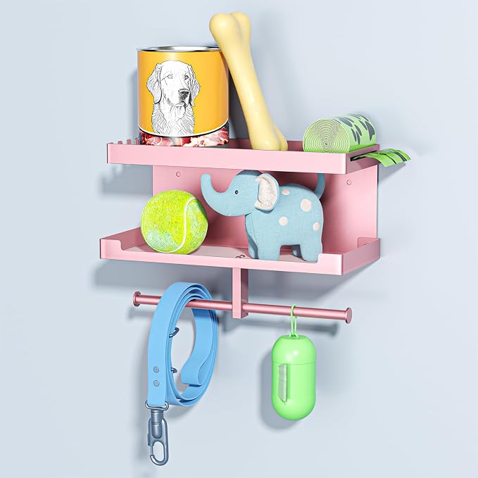 Dog Leash Holder for Wall, Leashes Hanger, Wall Mounted Dog Stuff Storage and Organizer, Metal Key Holder Pet Leash Hooks for Leashes, Training Treats, Chew Toys, Keys, Large (Rose Gold)