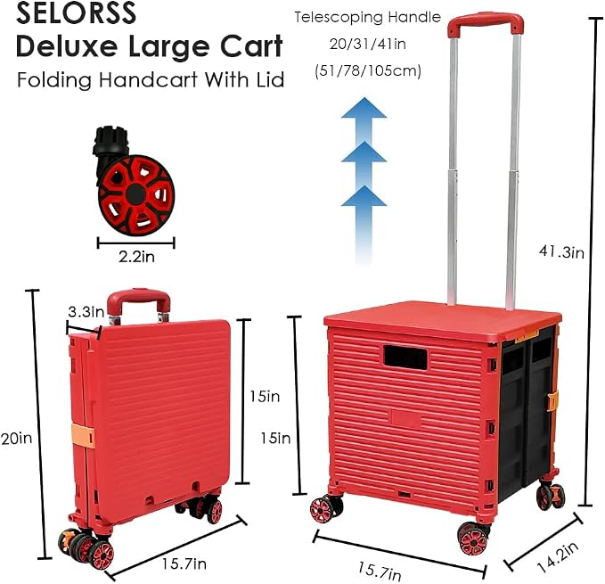 Foldable Utility Cart Portable Collapsible Crate Rolling Carts with Wheels Rolling Tote Basket Teacher Cart with Lid Wear-Resistant 360°Rotate Wheel Noiseless for Shopping Storage Office Use
