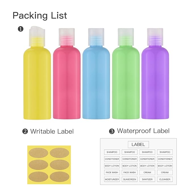 Travel Bottles for Toiletries, 3.4 oz Travel Size Containers, 5pcs, 5Color | Squeezable empty plastic bottles, TSA approved, leak proof, with labels, for liquids & shampoo lotion, gym essentials