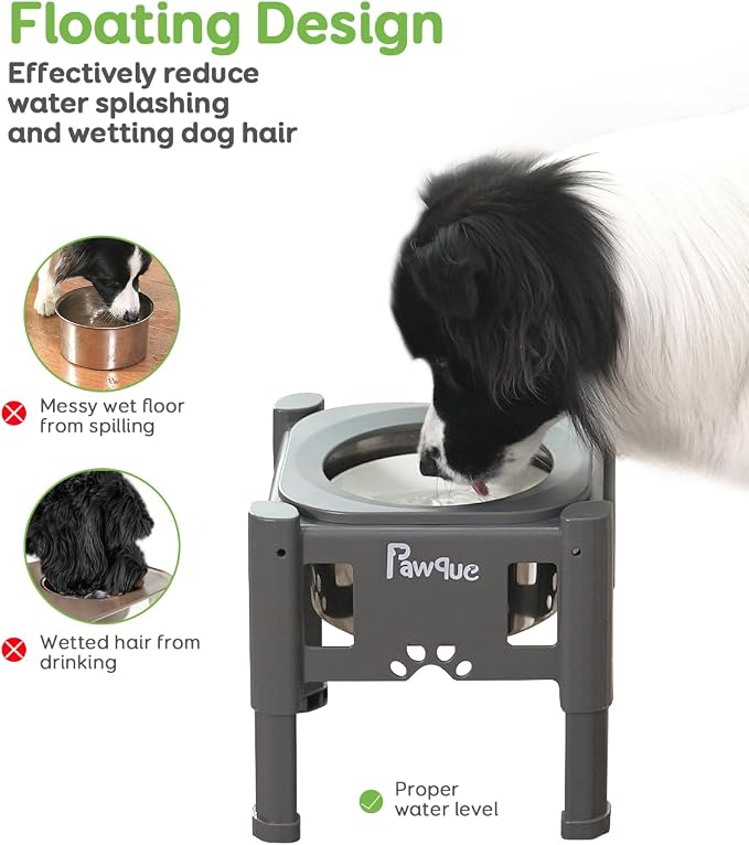 Pawque 80oz Stainless Steel Elevated Dog Water Bowls with Adjustable Stand | 3 Heights (6.1", 7.7", 9.3"), Raised Slow Floating Disc Bowls for Medium and Small Dogs, Non Slip Rubber & No-Spill