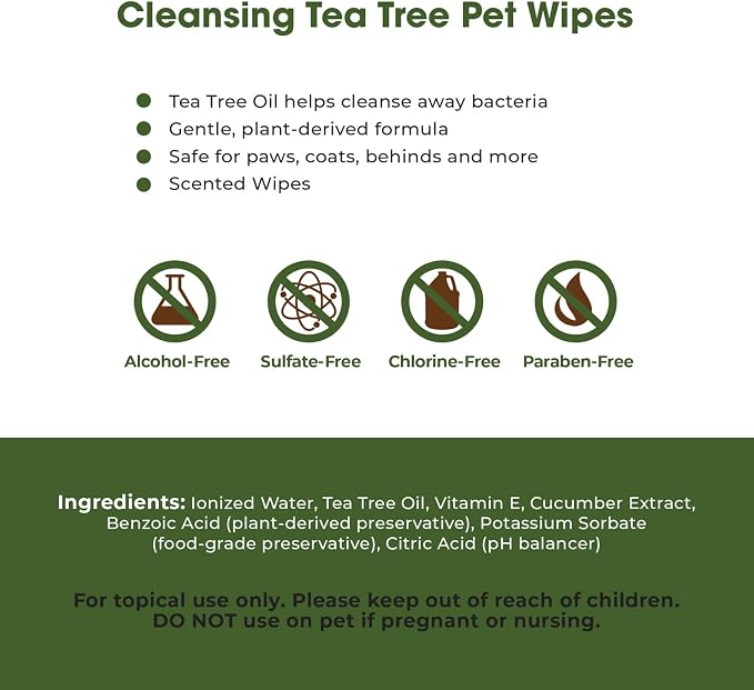 Best Pet Supplies Pet Grooming Wipes for Dogs & Cats,Deodorizer for Coats & Dry, Itchy, or Sensitive Skin, Clean Ears, Paws, Body, & Butt - Cleansing Tea Tree