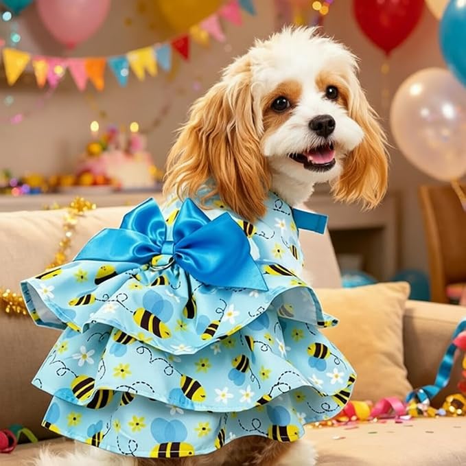 PUPTECK Summer Dog Dress with Bow and Leash Ring, Blue Yellow Bee S | Cute Adorable Breathable Mesh Dog Clothes for Small Medium Dogs Puppy Cats, Pet Outfit Apparel for Birthday Party