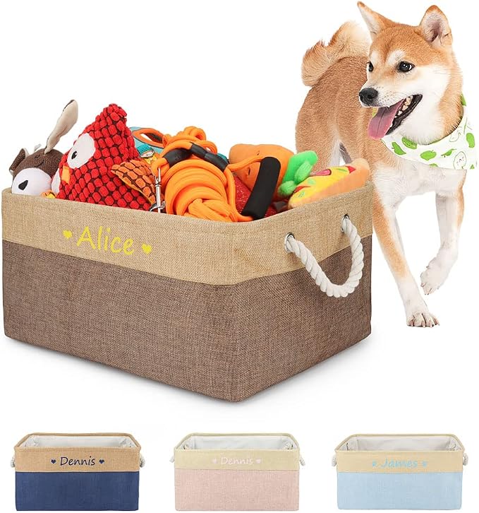 Personalized Pet Dog Toy Storage Foldable Bin Basket, Colorful Font Customized Pet's Name Box Organizer for Dog Toys、 Apparel & Accessories, with Weave Rope Handle(Heart Brown-m)