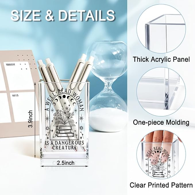 A Well-read Woman Is A Dangerous Creature Acrylic Pencil Holder Cup | Funny Floral Books Desk Organizer for Book Lover Bookish Bookworms Readers, Women Empowerment Gifts for Mom Sister BFF