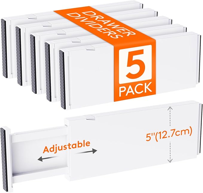 Lifewit 5" Tall Upgrade Drawer Dividers, Adjustable Deep Drawer Organizer | 13.5"-22" Expandable White Drawer Separator for Clothes, Dresser/Kitchen/Closet/Bedroom/Office Organization & Storage, 5 Pack