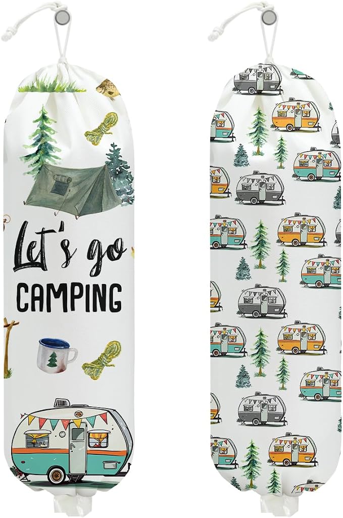 2Pcs Camping Plastic Bag Holder, Wall Mount Trash Bag Holder, Tent Rv Bonfire Reusable Grocery Bags Organizer Storage Dispenser for Camp Kitchen Pantry, Camping Gifts for Women Men Camper