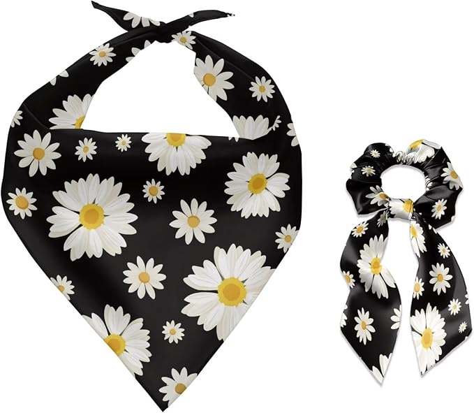COEQINE Daisy Black Dog Bandnas 2 Pack Mother Day Dog Bandana and Bow Hair Tie Holder Set/Triangle Reversible Bibs Breed for Puppy Pets Birthday Christmas
