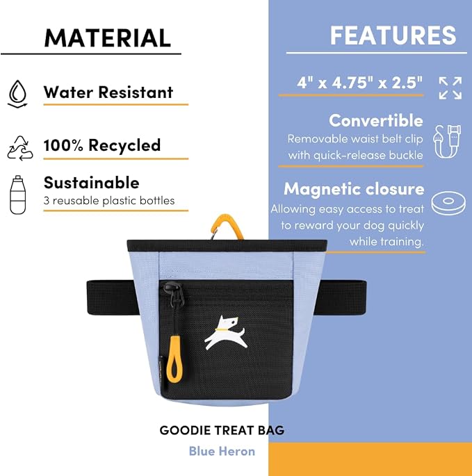 OllyDog, Goodie Treat Bag, Dog Treat Training Pouch | Magnetic Closure | 3 Ways to Wear | Hands-Free Waist Belt | Water-Resistant Recycled Vegan Fabric (Blue Heron)