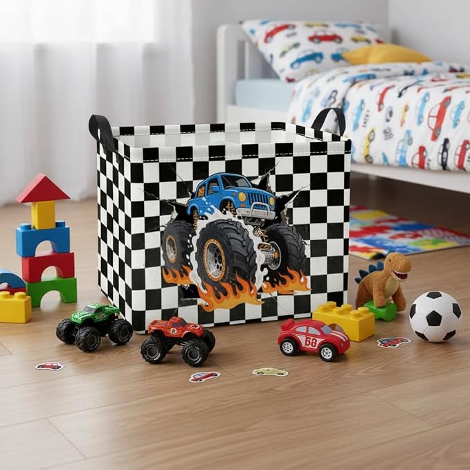 Rectangular Baby Kids Storage Basket for Home Kitchen Girls Cute Toy Storage Bin Organizer Shelf Book Room Decor(Checkered Truck)