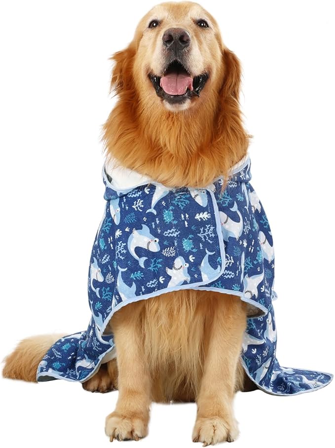 HDE Dog Bathrobe Super Absorbent Quick Drying Puppy Towel Wrap Coat Adjustable After Bath Robes with Hood for Dog Sizes S-XXL Sharks XL
