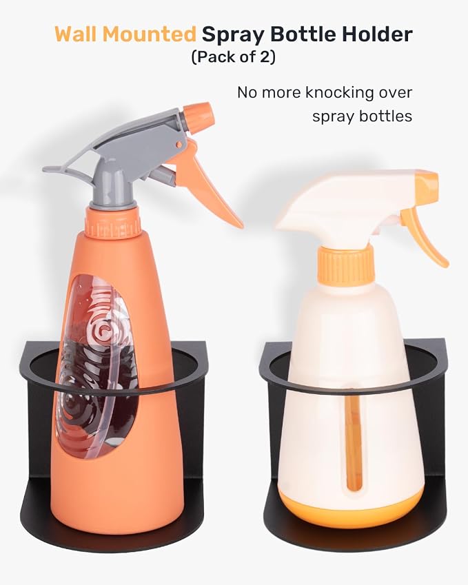 Steel Spray Bottle Holder Wall Mount 2-Pack, Fits up to 32 oz | 13-Gauge, Powder-Coated Black Finish, Rust-Resistant, Hardware Included, 3.7 inch Opening