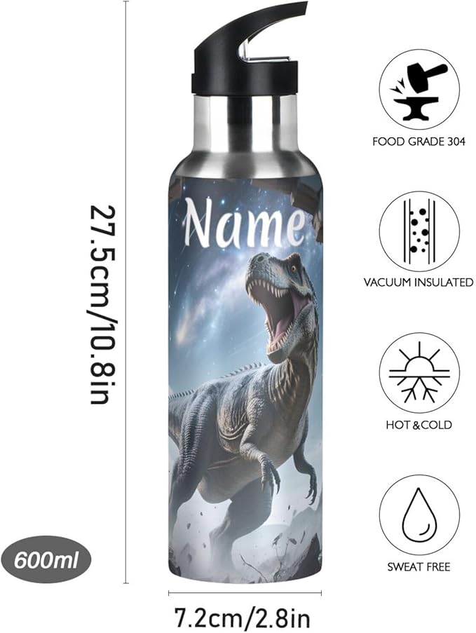 Custom Name Dinosaur Galaxy Track Wall Water Bottle with Straw Lid Kids Insulated Stainless Steel Water Flask Sports, 20 Oz Hot Cold