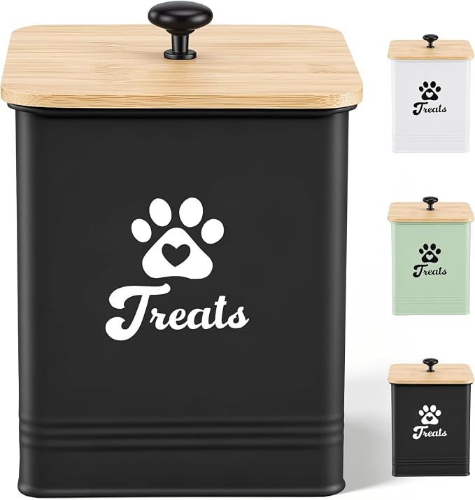Dog Treat Container Airtight, 5.7" W x 6.7" H Iron Pet Treat Jar with Bamboo Lid, 12 Cup Food Storage Canister for Kitchen Counter, Decorative Pet Cookie Jar for Dog Snacks Kibble,Black