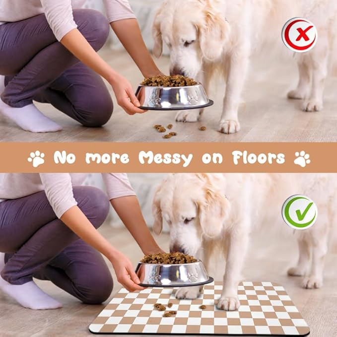 Dog Food Mats for Floors Waterproof, Pet Water Bowl Mats Pet Feeding Absorbent Placemats Plaid 12 * 20 inch