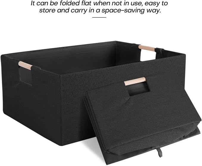 Fabric Storage Box, 15x11in Foldable Cotton Linen Basket with Wooden Handle | Medium Rectangular Cube Decorative Home Laundry Organizer Clothes Blanket Container Organizing Clothes Sheets Jeans, Black