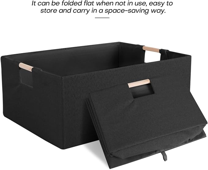 Fabric Storage Box, 13x9in Foldable Cotton Linen Basket with Wooden Handle | Small Rectangular Cube Decorative Home Laundry Organizer Clothes Blanket Container Organizing Clothes Sheets Jeans, Black