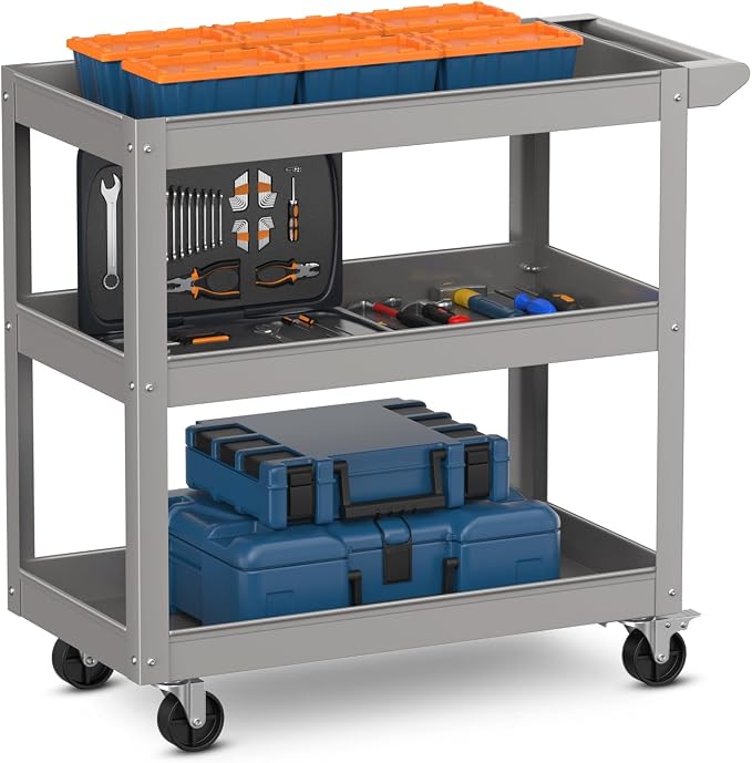 Goplus 3-Layer Service Utility Cart, Heavy Duty Unity Cart with Flat Handle, 2 Lockable Universal Wheel, 400 lbs Capacity, Rolling Tool Cart for Garage, Kitchen, Hotel, Office, Workshop Grey