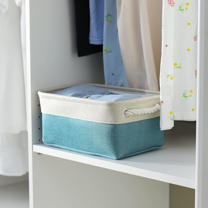 Fabric Storage Bin with Handles,Storage Basket for Home Storage and Organization, Shelf Basket with Cover for Living Room Bedroom Decor Closet（White & Green,Small ,11.8L×7.9W×5.2H