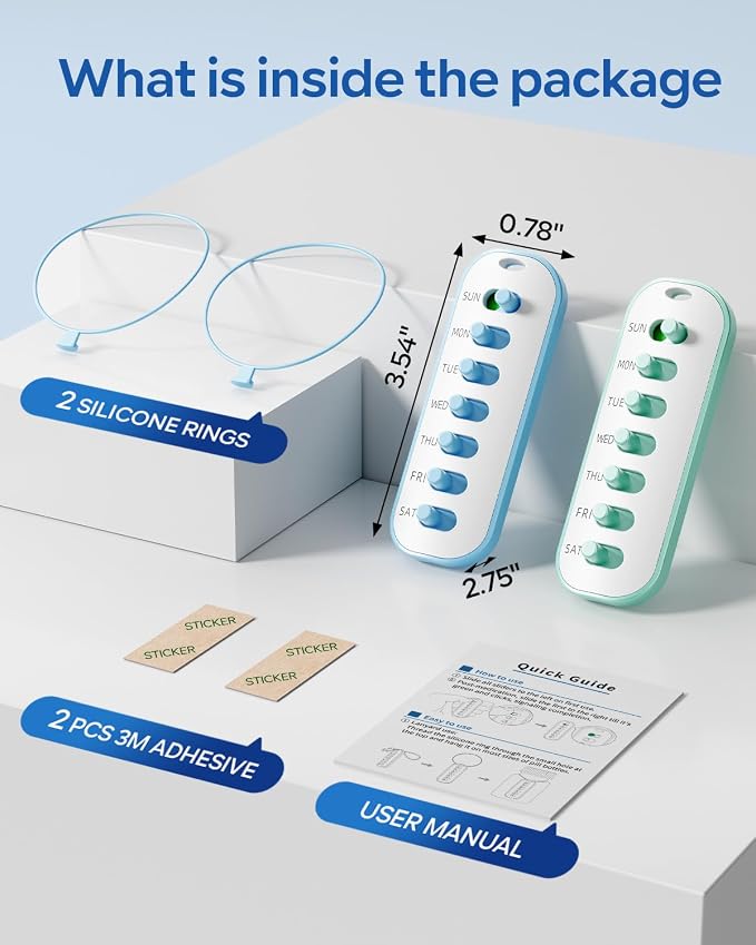2 Pack Pill Reminder, Lanyad or Sticker, Twice Daily/Weekly Pill Tracker | 7 Day AM PM Weekly Medication Tracker for Elderly, No batteries Required，2 Times a Day Blue & Green