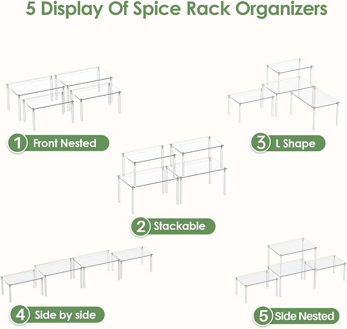Delamu Cabinet Shelves, Clear Stackable Acrylic Storage Risers with Heavy Duty Support, Cabinet Organizer Shelf for Spices, Seasonings, Jars, Pantry, Kitchen Counter, Easy Assembly