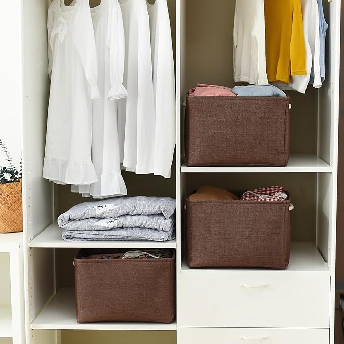 Organization and Storage Basket for Shelves - 3 Pack 16x12x12 inch Fabric Storage Cubes, Cube Storage Bin for Organizing Closet Cloth Organizer Gift Toy (White & Brown)