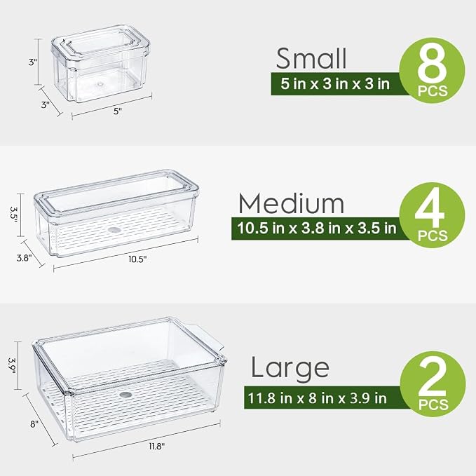 ZIJUND 14 Packs Fridge Organizers and Storage, Refrigerator Organizer Bins | Stackable BPA-Free Refrigerator Organizers and Storage Containers for Fruit, Vegetable, Food, Drinks, Cereals, Clear