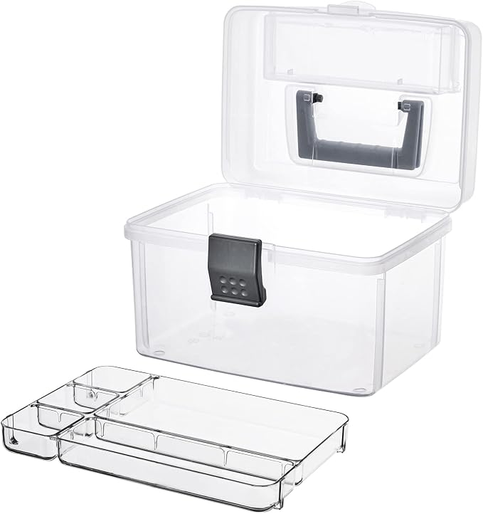 MyGift Clear First Aid Kit Box with Tray, Portable Medicine Storage | 10-Inch Organizer with Detachable Tray & Gray Handle for Medical Supplies, Travel, Home, Office & Emergency Use