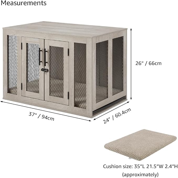 unipaws 37 Inch Furniture Style Dog Crate with Cushion and Tray | Mesh Dog Kennels with Double Doors, End Table Dog House, Medium Crate Indoor Use