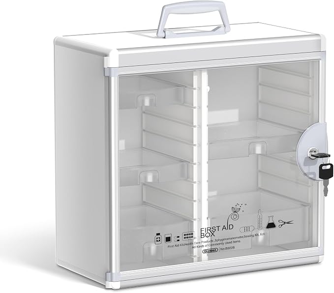 Lockable Medicine Cabinet with 5 Removable Trays, Wall Mounted & Portable Locking Medicine Cabinet Organizer with Key Lock for Home, Bathroom, Office - Aluminum Frame(13.6x6.5x12.4Inch)