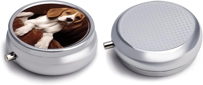 Ovely Pet Dog Beagle Pill Box 3 Compartment Round Travel Pill Case | Metal Mini Pill Organizer for Travel, Easy-Open, Fits Pocket/Purse, Small Pill Container for Vitamins Fish Oil & Supplements