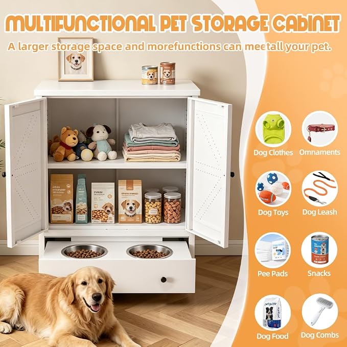 Dog Feeding Station with Storage Cabinet, Metal Pet Feeding Station with Storage, Dog Food Storage Cabinet with 2 Elevated Stainless Steel Bowls, Pet Food Cabinet Organizer, White