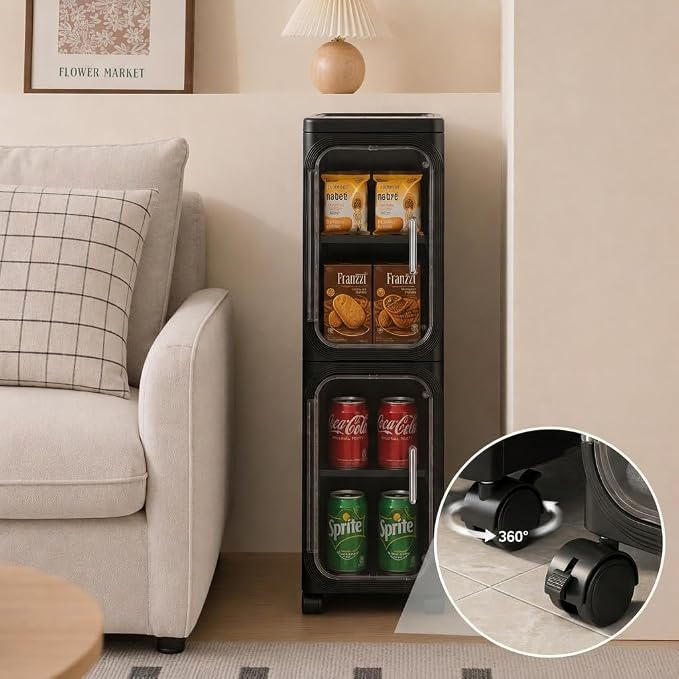 2 Tier Slim Narrow Bathroom Storage Cabinet with Wheels, Foldable, Black | Tools Free, Adjustable Shelves,Lockable Wheels, Magnetic Door, PET and ABS, Storage for Narrow Spaces