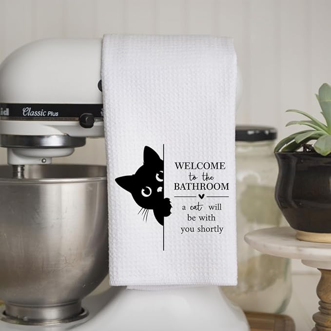 KIDEAR Funny Black Cat Bathroom Decor Welcome to The Bathroom Hand Towel,1 PCS Cute Black Cat Kitchen Towels for Toilet Wall Decorations,Cute Animal, Gifts for Women, Pet Owners Housewarming - A07