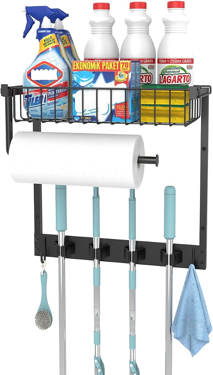 Broom Holder Wall Mount with Paper Towel Holder& Removable Anti-fall Basket | Broom and Mop Organizer Wall Mount Cleaning Supplies Organizer for Laundry Room, Apartment, Utility Room