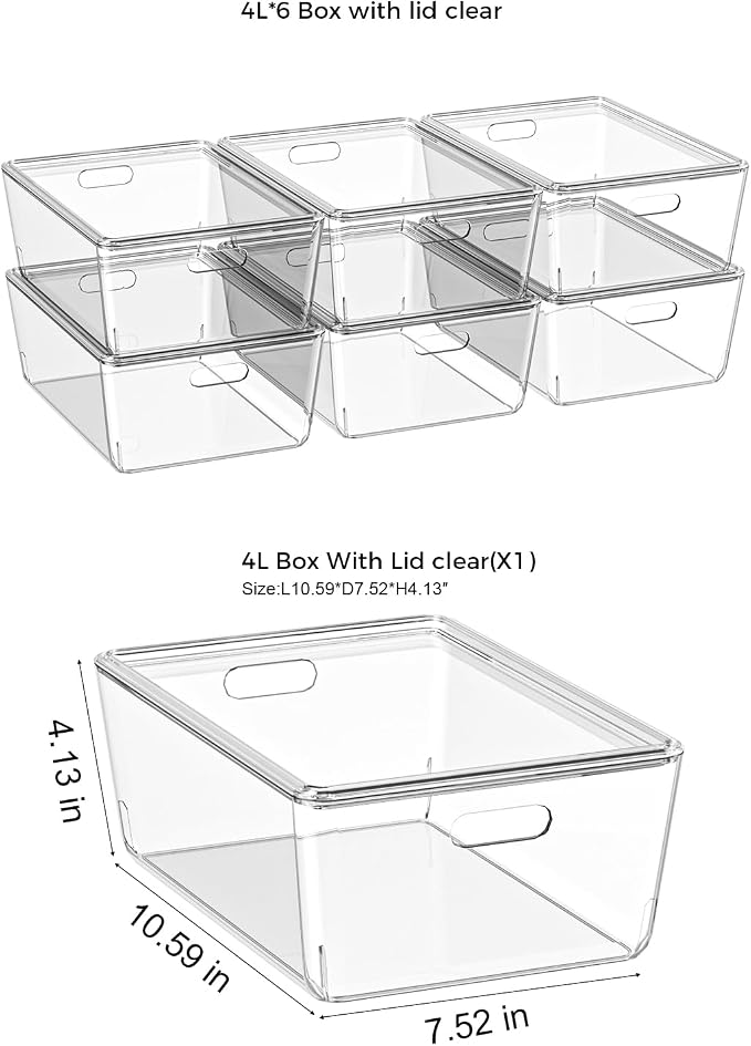 6 Pack Large White Storage Bins with Lids, PET Plastic Pantry Organizers and Storage Containers for Kitchen, Fridge, Bathroom, Office (Clear)