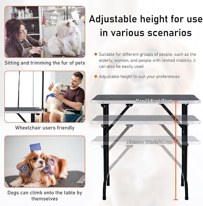 LEIBOU 36-inch Height Adjustable(23''~33.8'') and Foldable Pet Dog Grooming Table with Grooming Arm & 2 Noose for Dog Cat Pet Grooming Maximum Capacity Up to 260lbs