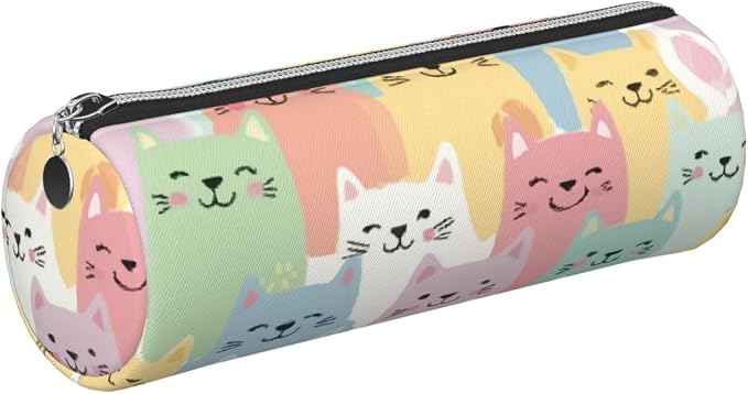 OSAM SPACE Leather Pencil Case Round Pencil Bag Cute Cats Pet Pen Organizer Holder Portable Zipper Pouch Cute School Supplies for Girls Boys Study Office